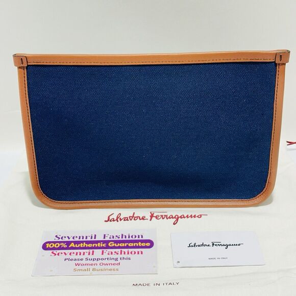 NWT Salvatore Ferragamo Men Navy Canvas Leather Trim Logo Clutch Pouch Bag - Picture 2 of 9